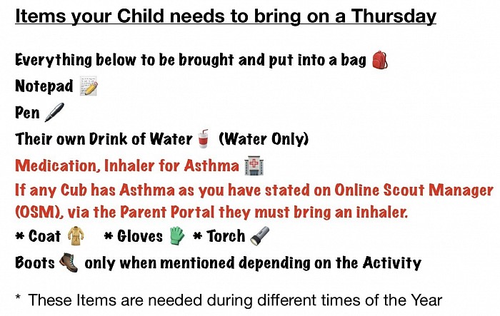 What your Child needs to bring on a Thursday Evening